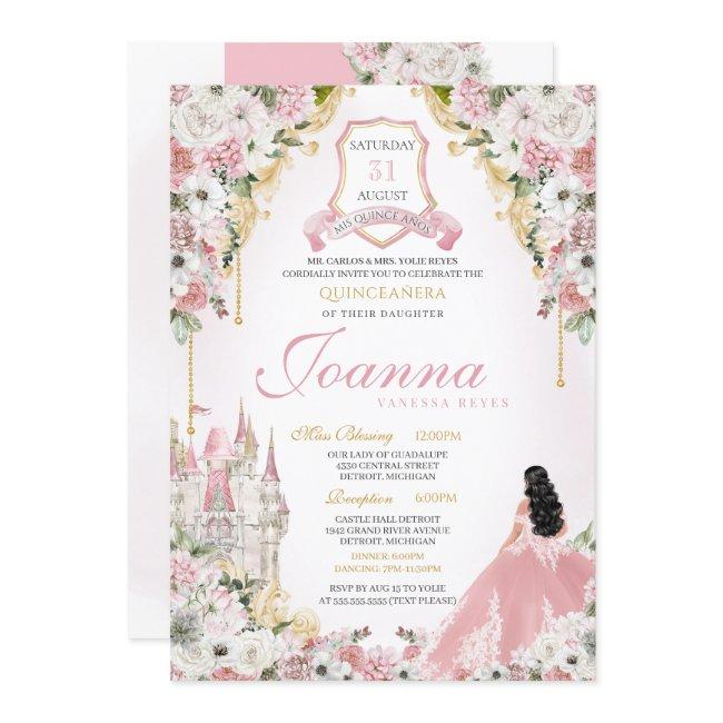 Blush Pink Gold Royal Princess Castle Quinceanera Invitation