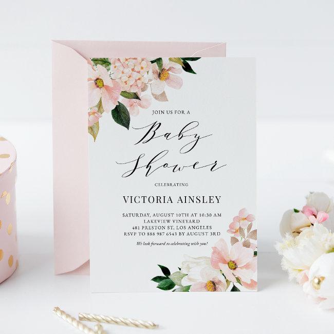 Blush Pink Magnolias And Hydrangeas Baby Shower Invitation