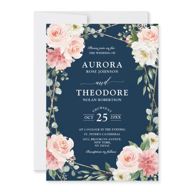 Blush Pink Navy Blue Geometric Botanical Wedding Invitation
