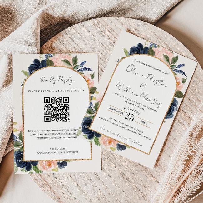 Blush Pink Navy Floral Arch Qr Code Rsvp Wedding Invitation