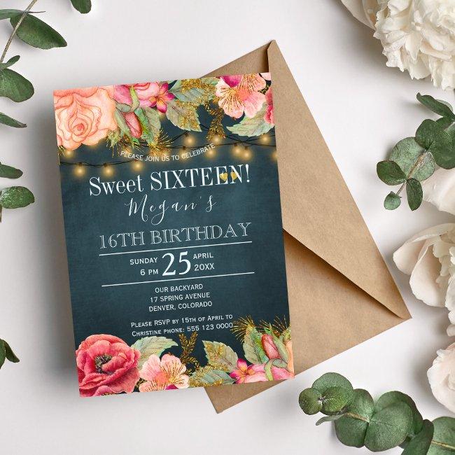 Blush Pink Peach Navy Gold String Lights Sweet 16 Invitation