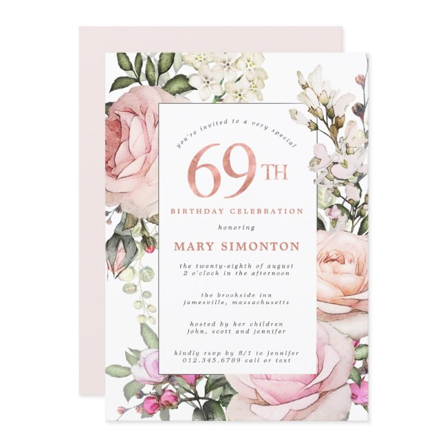 Blush Pink Rose Floral 69th Birthday Party Invitation