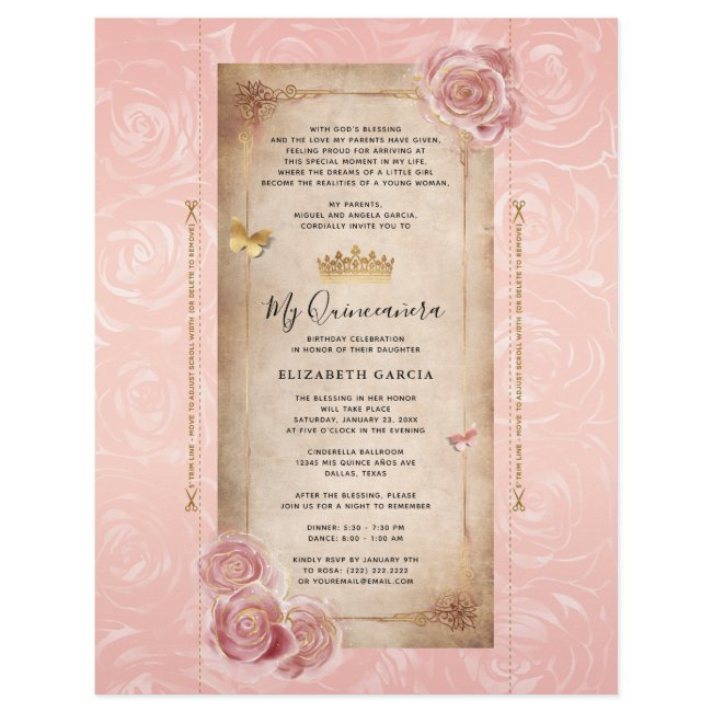 Blush Pink Rose Gold Diy Quince Scroll Invitations