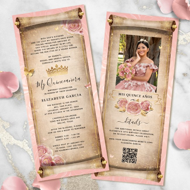 Blush Pink Rose Gold Mis Quince Photo Scroll Invitation