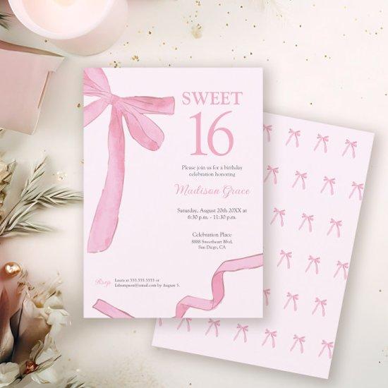 Blush Pink Trendy Bow Ribbon Coquette Sweet 16 Invitation