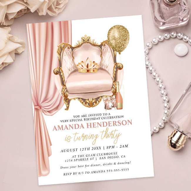 Blush Throne, Crown And Champagne Women's Birthday Invitation