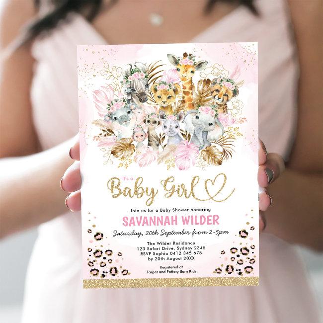 Blush Tropical Boho Safari Animals Baby Shower Invitation