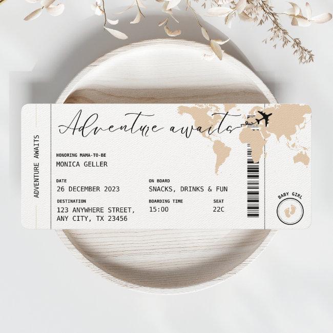 Boarding Pass Adventure Awaits Beige Baby Shower Invitation