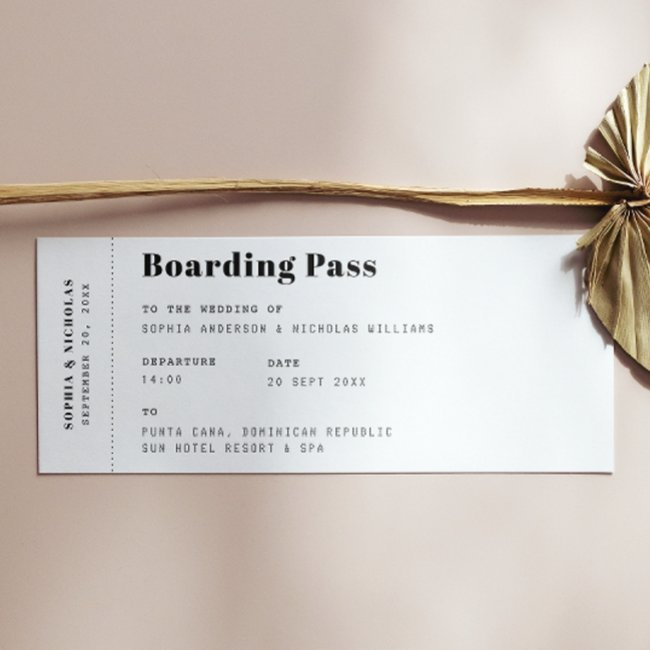 Boarding Pass. Destination Ticket Travel Wedding Invitation