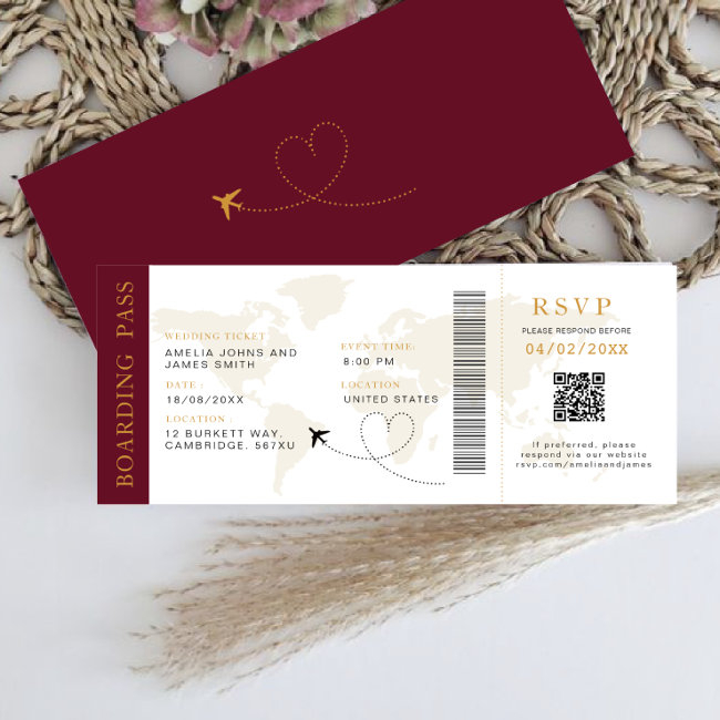 Boarding Pass Destination Wedding Qr Code Rsvp Invitation