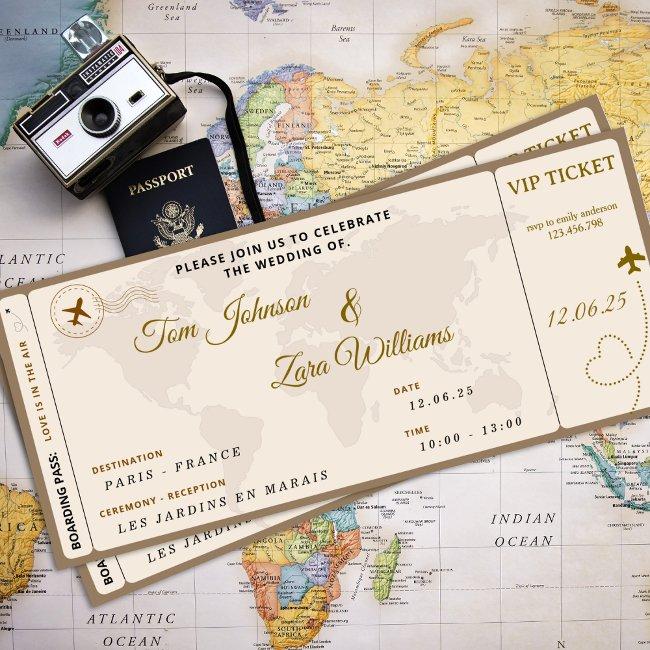 Boarding Pass Wedding Vip Airline Ticket Beige Invitation
