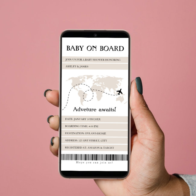 Boarding Pass World Map Travel Baby Shower Holiday Invitations