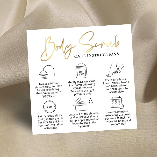 Body Scrub Application Guide White & Gold Logo Square Business Invitations