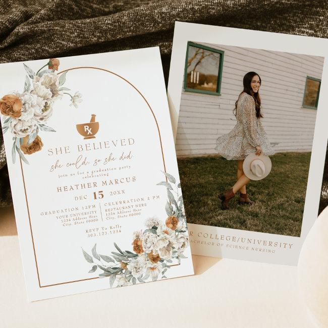 Boheme Terracotta Floral Boho Pharmacy Graduation Invitation