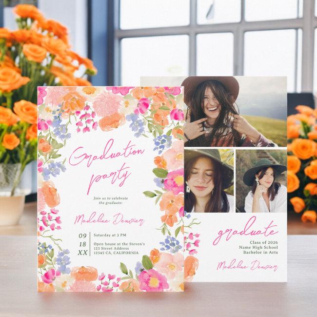 Bohemian Bold Wildflowers Photos Graduation Invitation