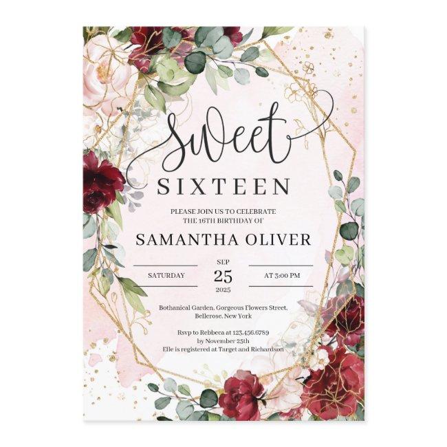 Bohemian Burgundy Floral Gold Geometric Sweet 16 Invitation