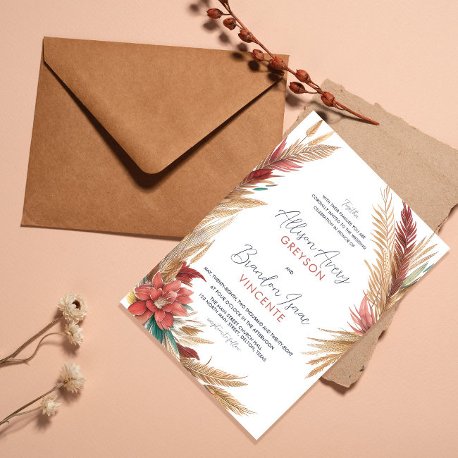 Bohemian Feathers Wheat Freesia Floral Wedding Invitation