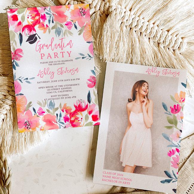 Bohemian Pink Watercolor Flowers Graduation Invitation