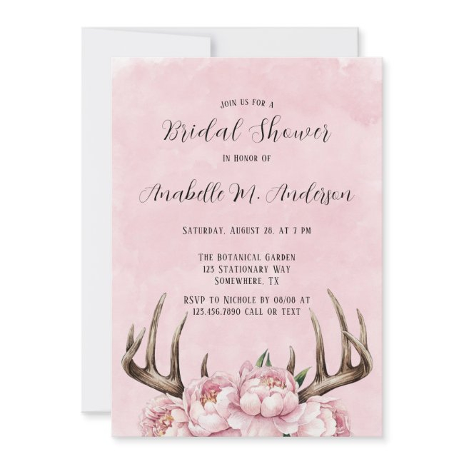 Boho Antler And Pink Peonies Bridal Shower Invitation