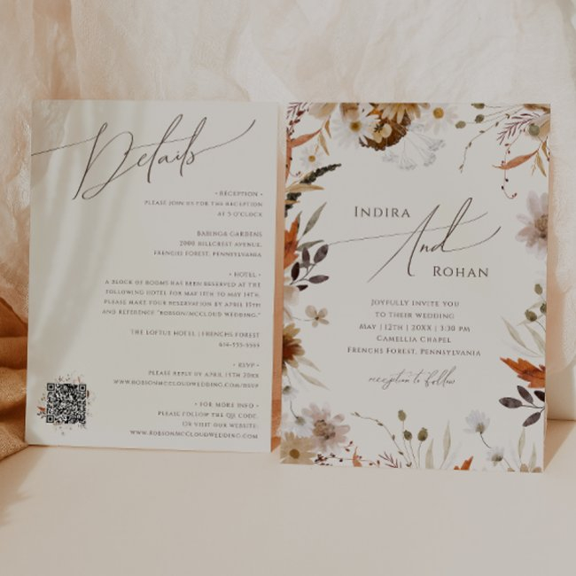 Boho Autumn | Beige Qr Code All In One Wedding Invitation