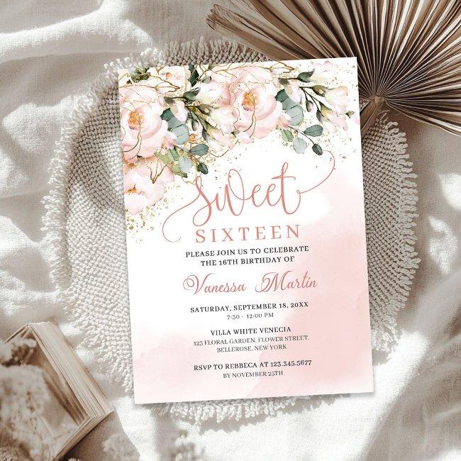 Boho Blush Pink Floral Gold Leaves Sweet Sixteen Invitation