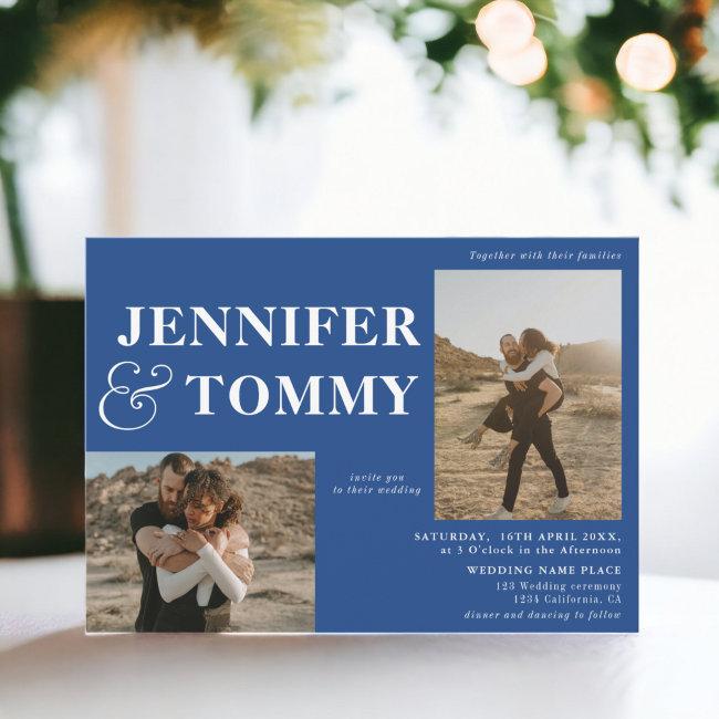 Boho Bold Names 3 Photos Wedding Chic Blue Invitation