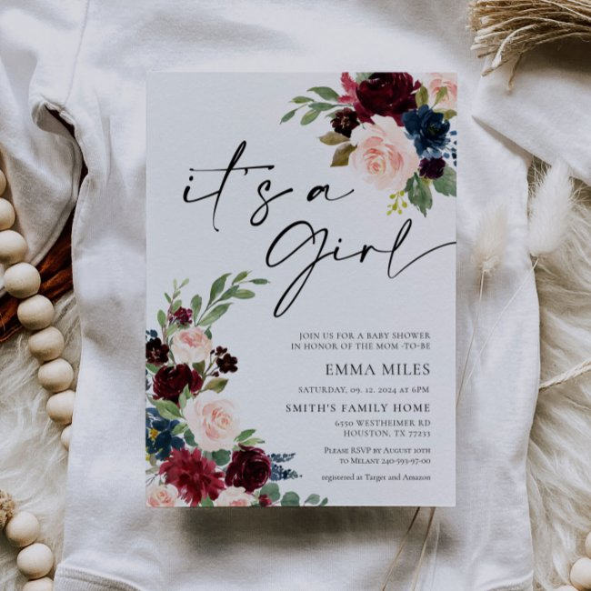 Boho Burgundy It's A Girl Baby Shower Invitation