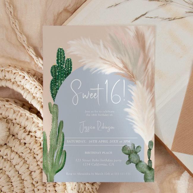 Boho Cactus Pampas Arch Blue Earth Tone Sweet 16 Invitation