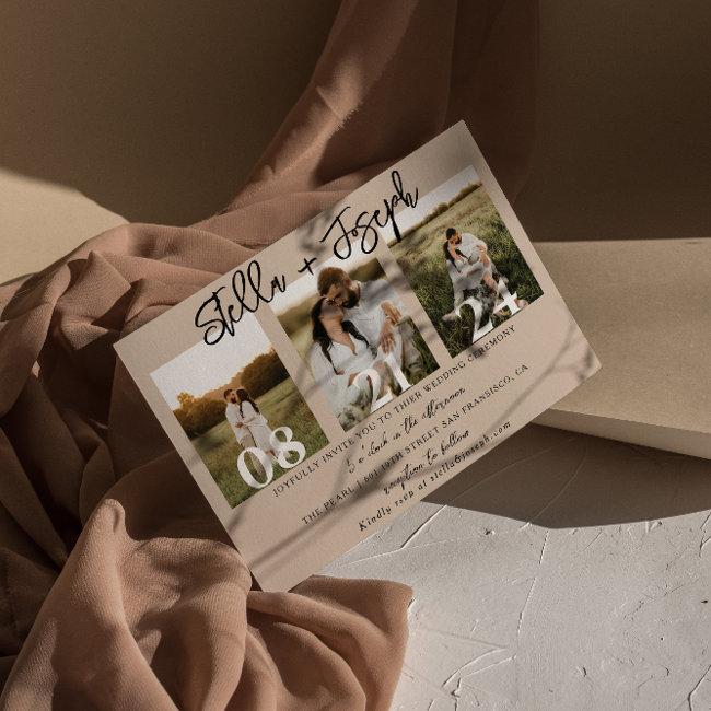 Boho Chic Three Photos Collage Unique Wedding Invitation