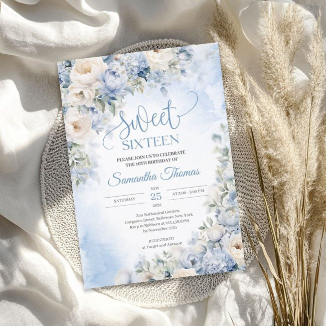 Boho Elegant Winter Dusty Blue And Ivory Flowers Invitation