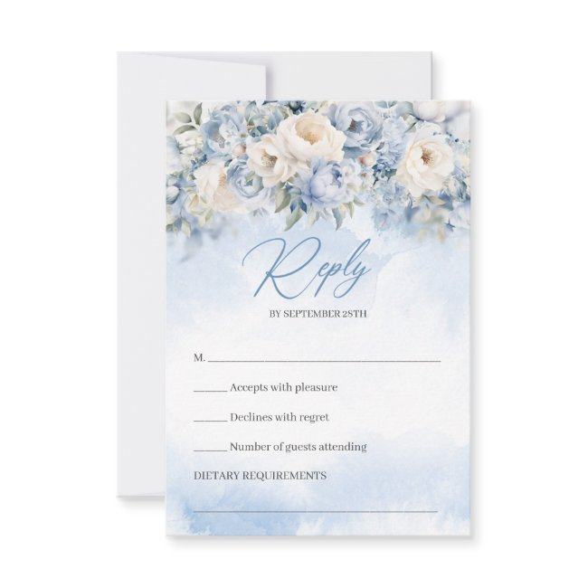 Boho Elegant Winter Dusty Blue And Ivory Flowers Rsvp Invitations