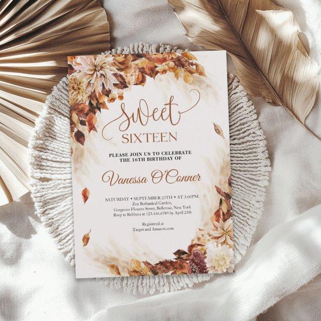 Boho Fall And Autumn Copper Flowers And Leaves Invitation