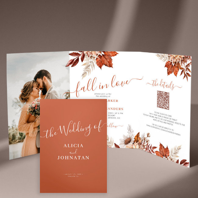 Boho Fall Botanical Photo Qr Rsvp Details Wedding Tri-fold Invitation