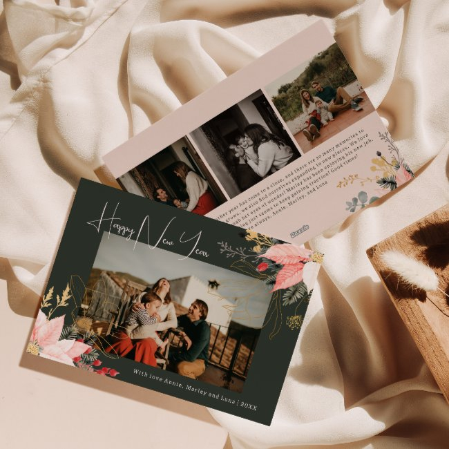 Boho Floral Four Photo Happy New Year Holiday Invitations