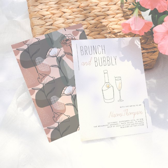 Boho Floral Green & Pink Champagne Brunch & Bubbly Invitation