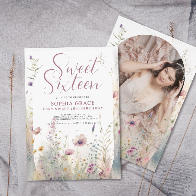 Boho Flowers & Arch Photo Sweet 16 Birthday Invitation