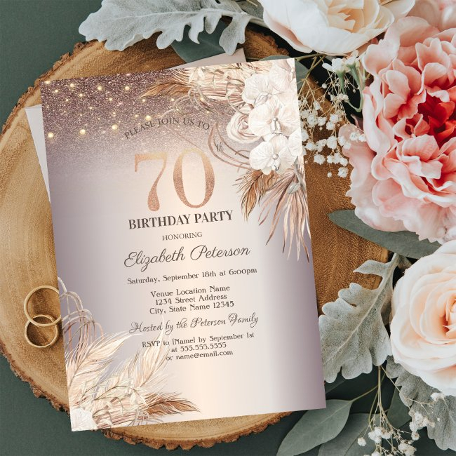 Boho Flowers,string Lights Glitter 70th Birthday Invitation