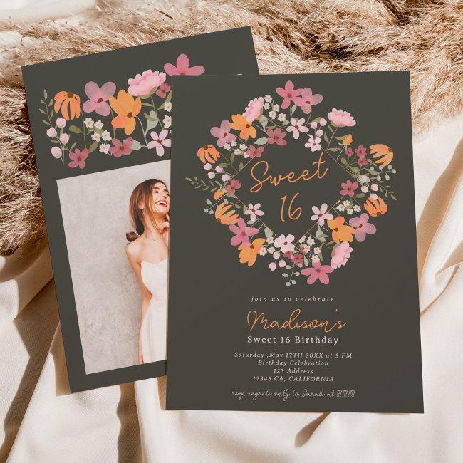 Boho Meadow Wildflowers Photo Sweet 16 Invitation