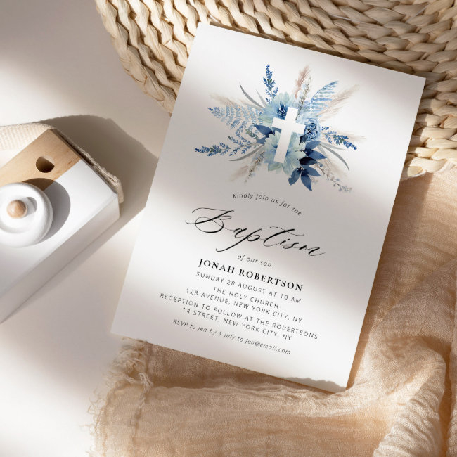 Boho Pampas Grass Blue Floral Cross Baptism Invitation