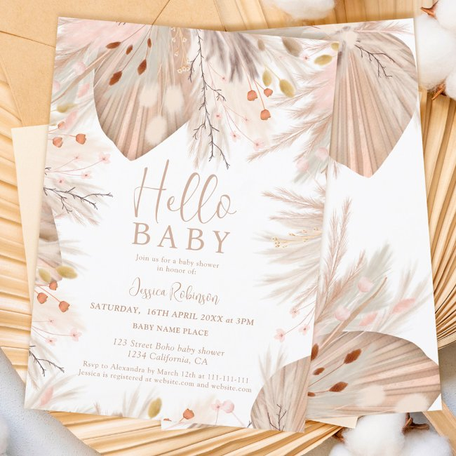 Boho Pampas Grass Gender Neutral Hello Baby Shower Invitation