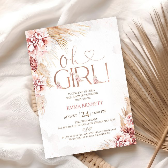 Boho Pampas Grass Oh Girl Baby Shower Invitation