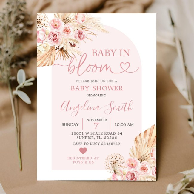 Boho Pink Floral Arch Baby In Bloom Baby Shower In Invitation