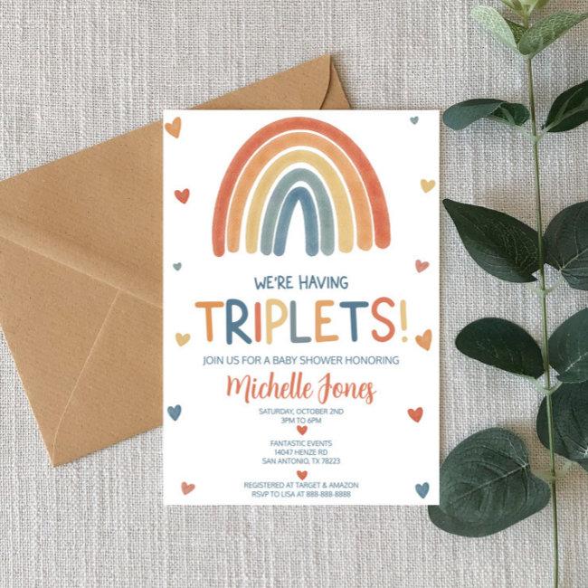 Boho Rainbow Triplets Baby Shower Invitation