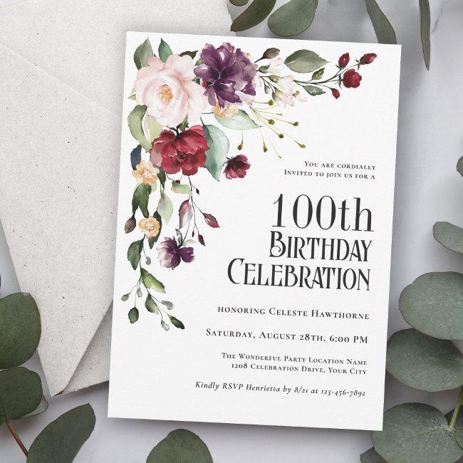 Boho Red, Blush And Purple 100th Birthday Party Invitation