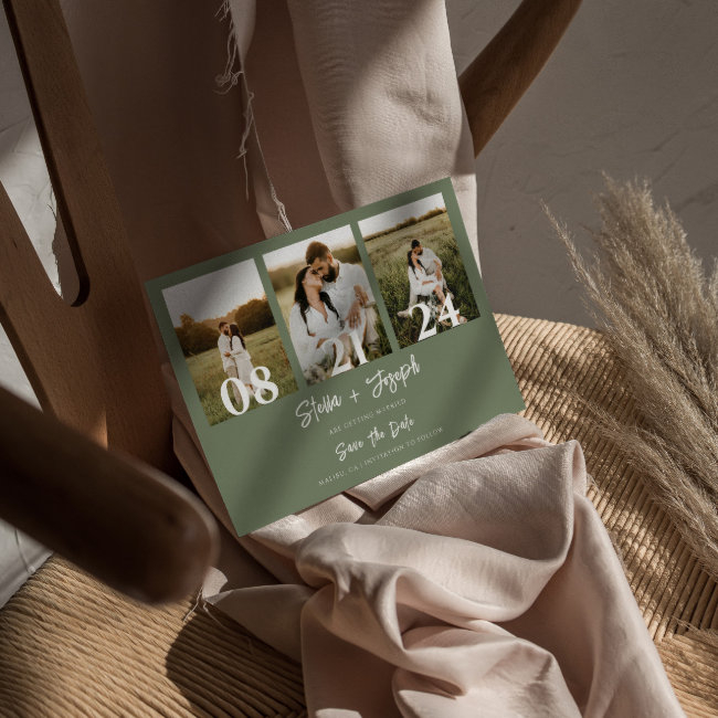 Boho Sage Green Modern Three Photos Wedding Save The Date