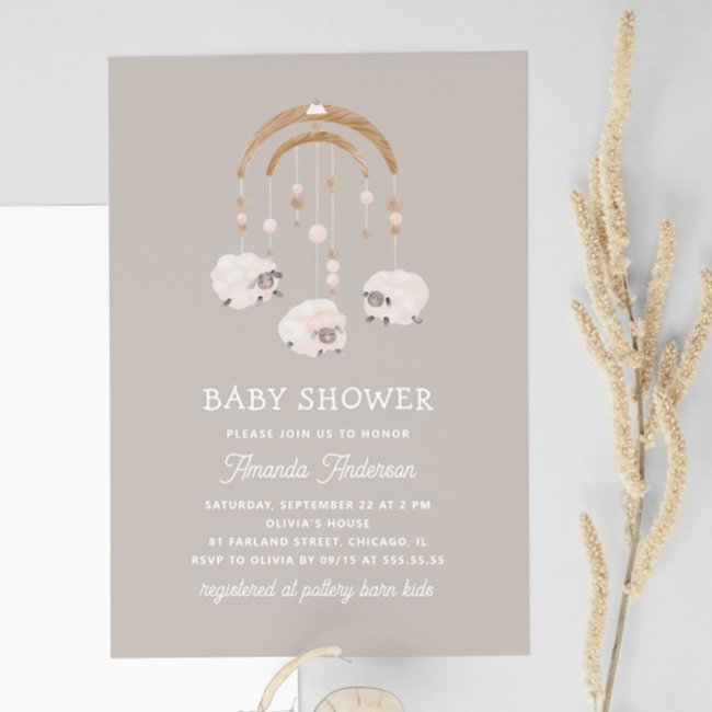 Boho Sheep Mobile | Warm Gray Neutral Baby Shower Invitation
