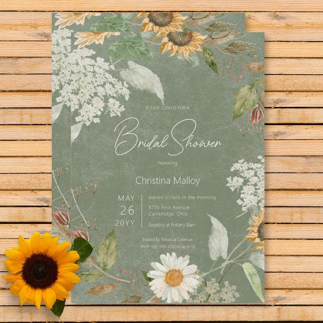 Boho Summer Sunflower & Daisy Green Bridal Shower Invitation