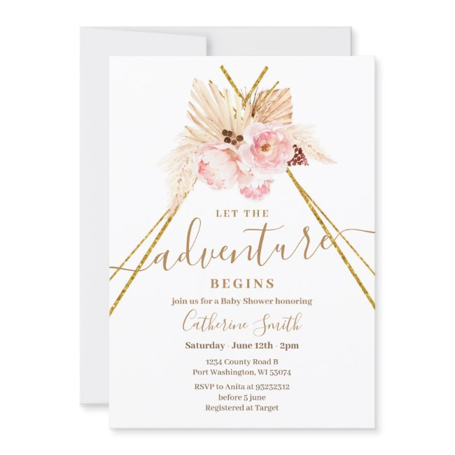Boho Teepee Pampas Grass Adventure Baby Shower Invitation