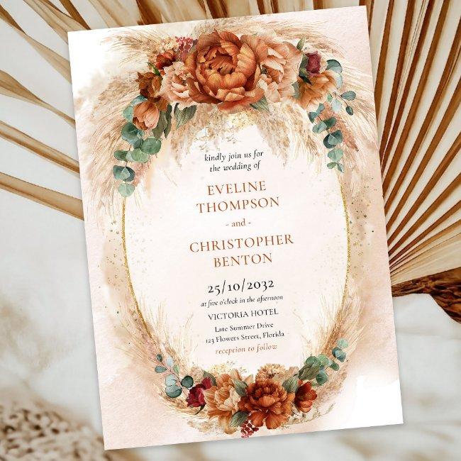 Boho Terracotta And Burgundy Flowers Pampas Grass Invitation