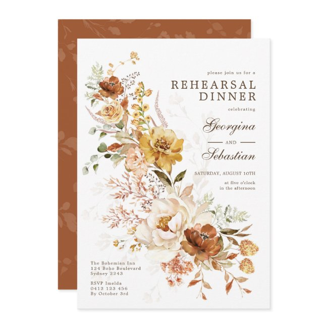 Boho Terracotta Yellow Flower Rehearsal Dinner Invitation
